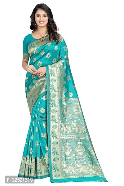 Beautiful Silk Blend Green Woven Design  Saree with Blouse piece For Women