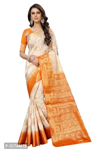 Beautiful Silk Blend Off White Woven Design  Saree with Blouse piece For Women-thumb0