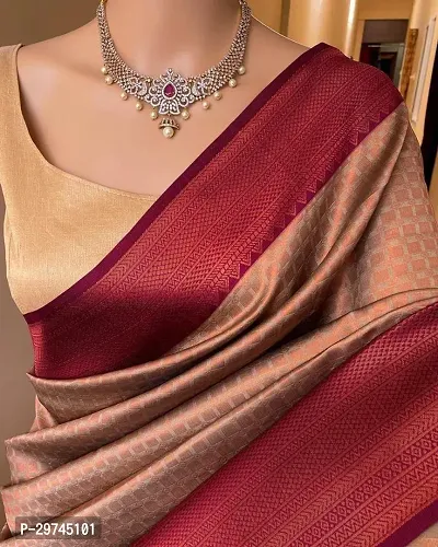 Elegant Beige Silk Blend Saree with Blouse piece For Women-thumb0