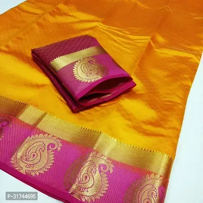 Beautiful Silk Blend Yellow Woven Design  Saree with Blouse piece For Women-thumb0