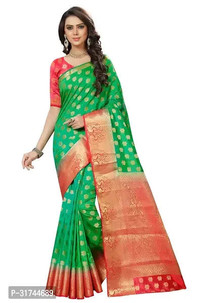 Beautiful Silk Blend Green Woven Design  Saree with Blouse piece For Women-thumb0