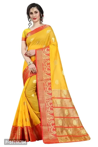 Beautiful Silk Blend Yellow Woven Design  Saree with Blouse piece For Women