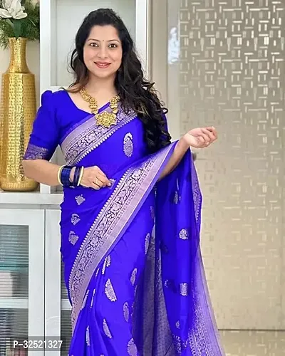 Beautiful Silk Blend Blue Woven Design  Saree with Blouse piece For Women-thumb0