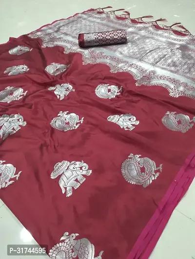 Beautiful Silk Blend Maroon Woven Design  Saree with Blouse piece For Women