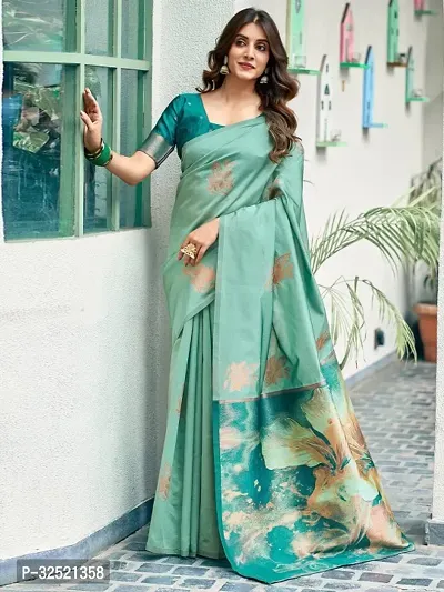 Beautiful Silk Blend Green Woven Design  Saree with Blouse piece For Women-thumb0