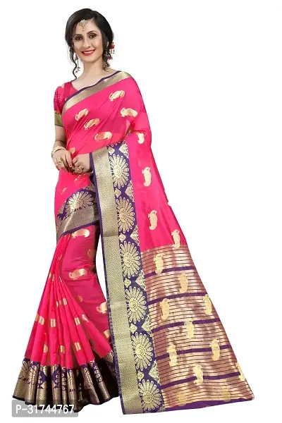 Beautiful Silk Blend Pink Woven Design  Saree with Blouse piece For Women