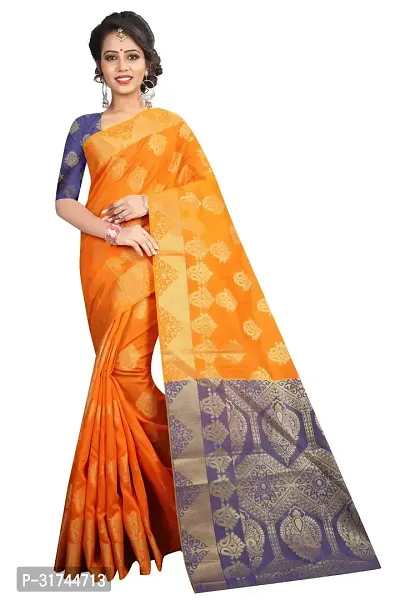 Beautiful Silk Blend Orange Woven Design  Saree with Blouse piece For Women-thumb0