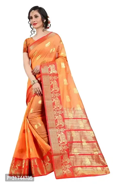 Beautiful Silk Blend Orange Woven Design  Saree with Blouse piece For Women