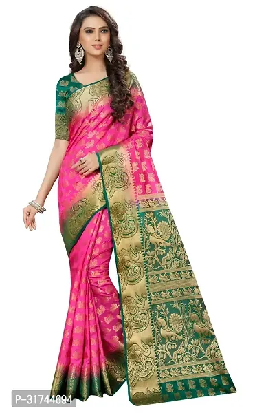 Beautiful Silk Blend Pink Woven Design  Saree with Blouse piece For Women-thumb0