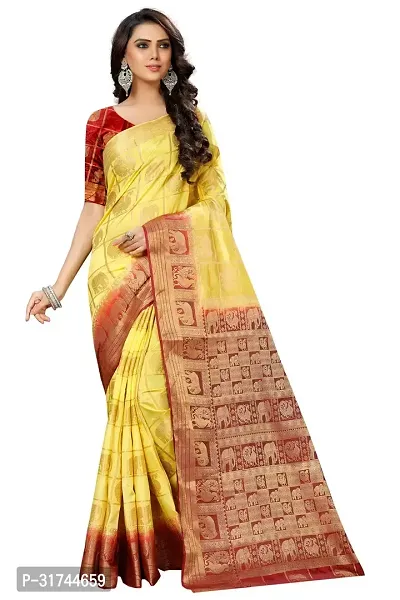 Beautiful Silk Blend Yellow Woven Design  Saree with Blouse piece For Women-thumb0