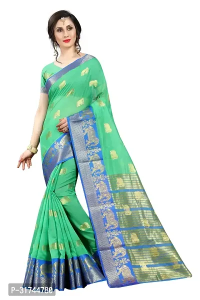 Beautiful Silk Blend Green Woven Design  Saree with Blouse piece For Women-thumb0