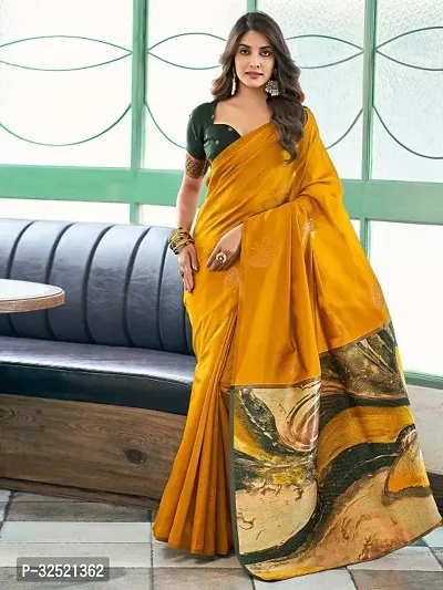 Beautiful Silk Blend Yellow Woven Design  Saree with Blouse piece For Women-thumb0