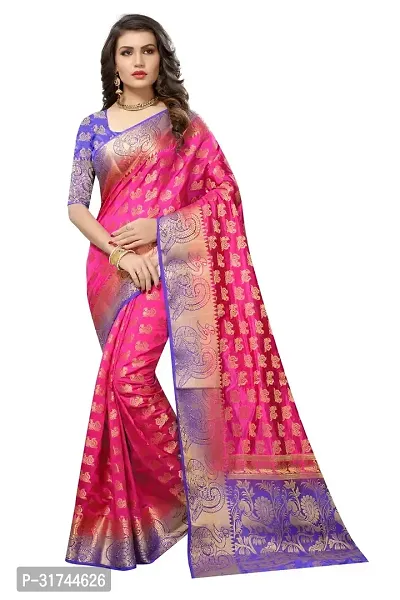 Beautiful Silk Blend Pink Woven Design  Saree with Blouse piece For Women