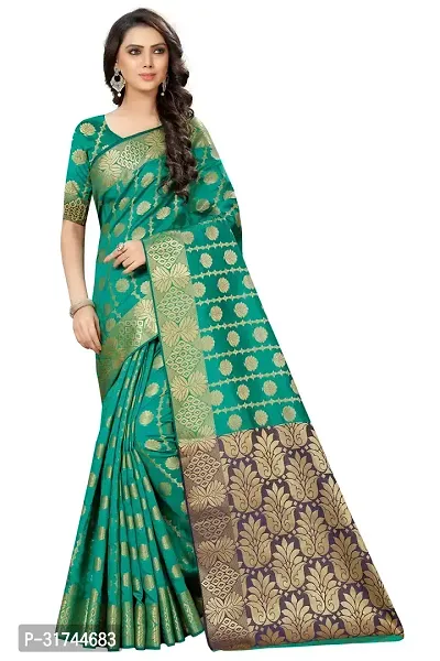 Beautiful Silk Blend Green Woven Design  Saree with Blouse piece For Women-thumb0