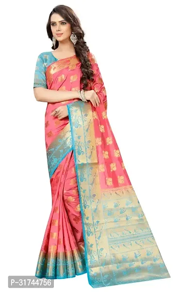 Beautiful Silk Blend Peach Woven Design  Saree with Blouse piece For Women