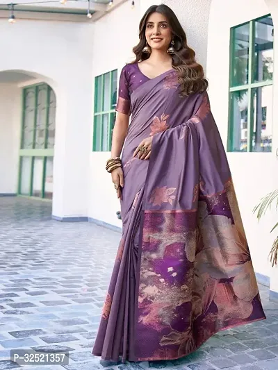 Beautiful Silk Blend Purple Woven Design  Saree with Blouse piece For Women