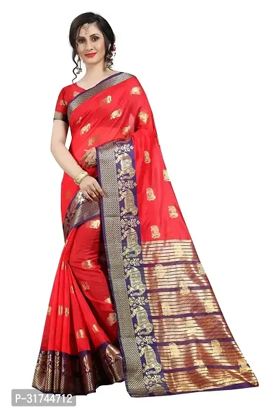 Beautiful Silk Blend Red Woven Design  Saree with Blouse piece For Women