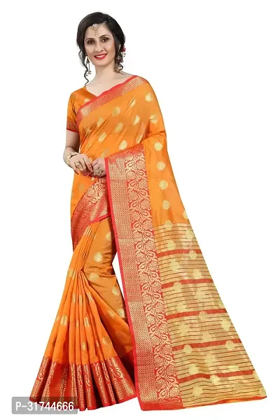 Beautiful Silk Blend Orange Woven Design  Saree with Blouse piece For Women-thumb0