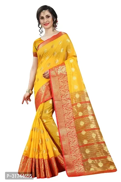 Beautiful Silk Blend Yellow Woven Design  Saree with Blouse piece For Women-thumb0