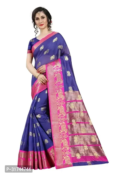 Beautiful Silk Blend Blue Woven Design  Saree with Blouse piece For Women