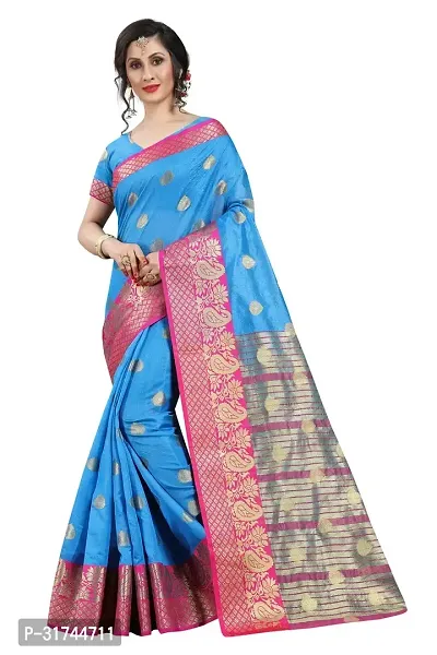 Beautiful Silk Blend Blue Woven Design  Saree with Blouse piece For Women