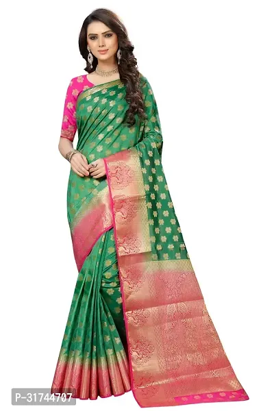 Beautiful Silk Blend Green Woven Design  Saree with Blouse piece For Women