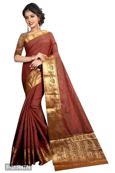 Beautiful Silk Blend Brown Woven Design  Saree with Blouse piece For Women-thumb0