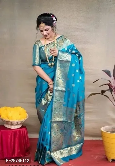 Elegant Sky Blue Silk Blend Saree with Blouse piece For Women-thumb0