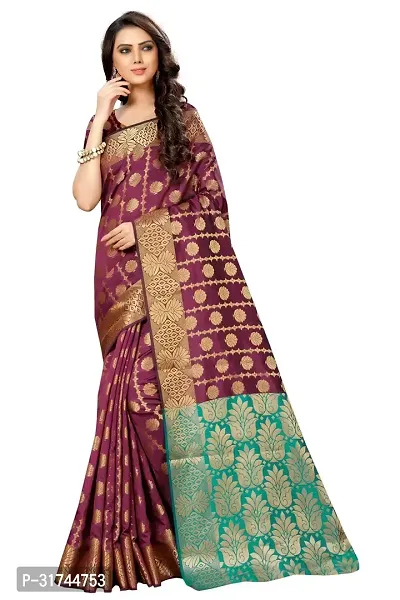 Beautiful Silk Blend Purple Woven Design  Saree with Blouse piece For Women-thumb0