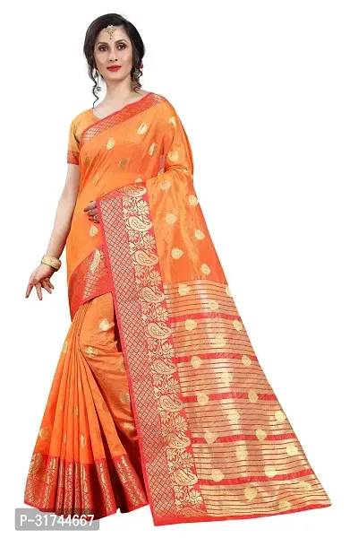 Beautiful Silk Blend Orange Woven Design  Saree with Blouse piece For Women-thumb0