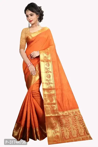 Beautiful Silk Blend Orange Woven Design  Saree with Blouse piece For Women