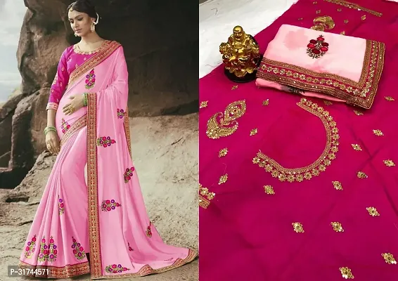 Beautiful Silk Blend Pink Embroidered  Saree with Blouse piece For Women