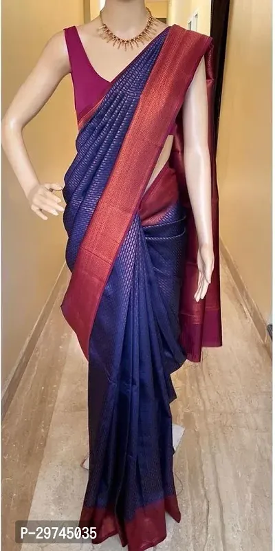 Elegant Navy Blue Silk Blend Saree with Blouse piece For Women-thumb0