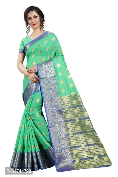 Beautiful Silk Blend Green Woven Design  Saree with Blouse piece For Women-thumb0