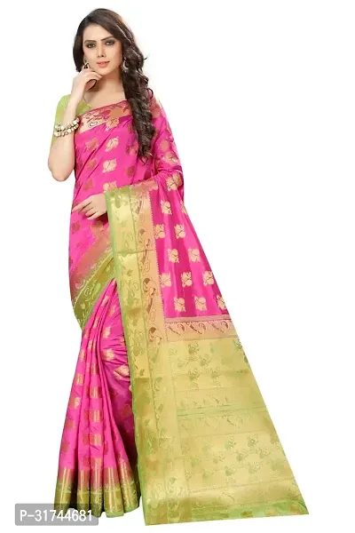 Beautiful Silk Blend Pink Woven Design  Saree with Blouse piece For Women