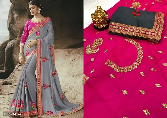 Beautiful Silk Blend Grey Embroidered  Saree with Blouse piece For Women-thumb0