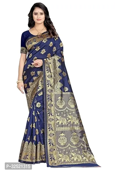 Beautiful Silk Blend Navy Blue Woven Design  Saree with Blouse piece For Women