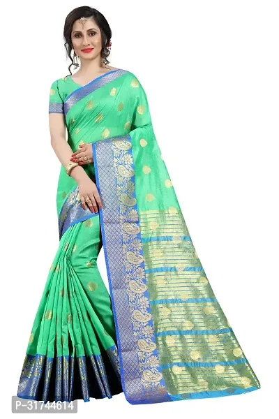 Beautiful Silk Blend Green Woven Design  Saree with Blouse piece For Women