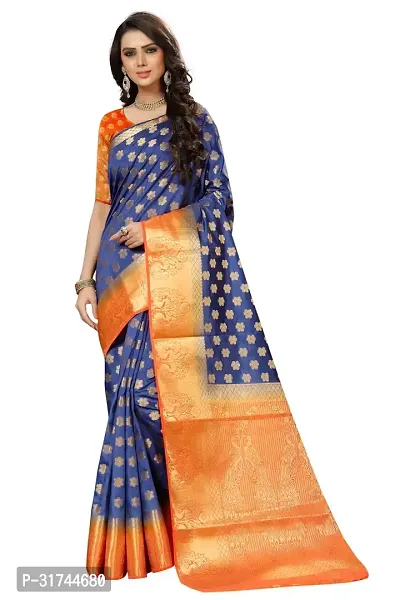 Beautiful Silk Blend Blue Woven Design  Saree with Blouse piece For Women-thumb0