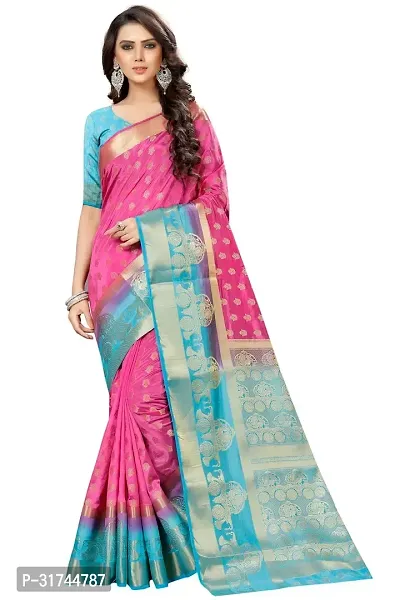 Beautiful Silk Blend Pink Woven Design  Saree with Blouse piece For Women-thumb0