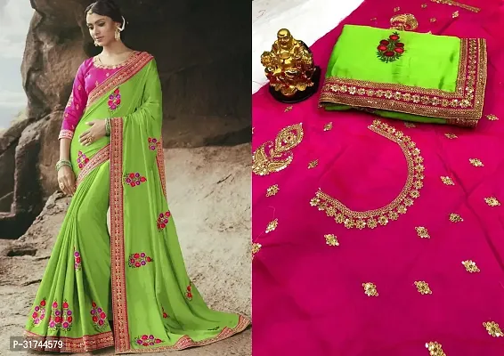 Beautiful Silk Blend Green Embroidered  Saree with Blouse piece For Women-thumb0