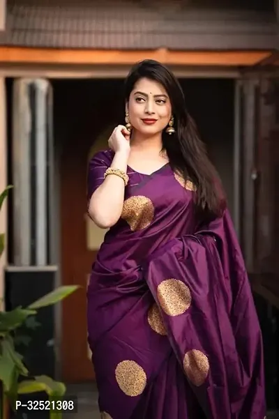 Beautiful Silk Blend Purple Woven Design  Saree with Blouse piece For Women-thumb0