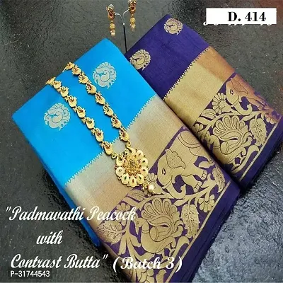 Beautiful Silk Blend Blue Woven Design  Saree with Blouse piece For Women