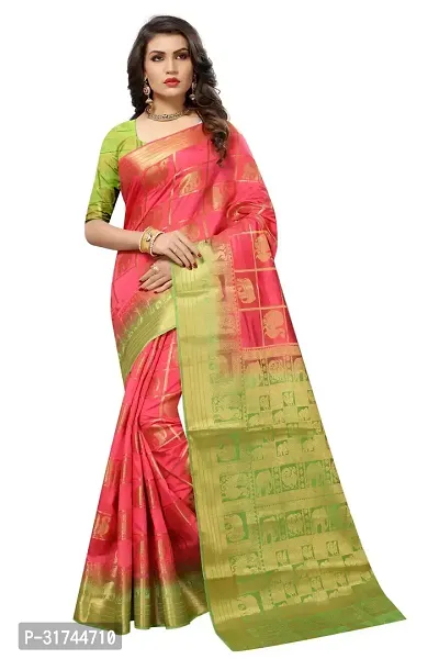 Beautiful Silk Blend Pink Woven Design  Saree with Blouse piece For Women