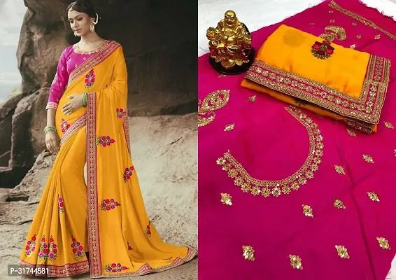 Beautiful Silk Blend Yellow Embroidered  Saree with Blouse piece For Women