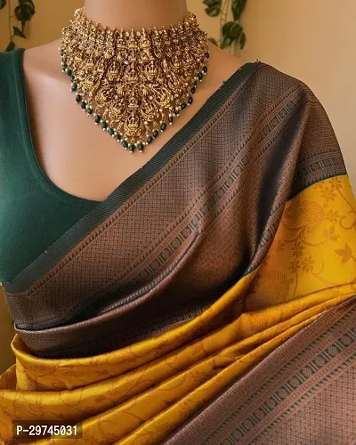 Elegant Yellow Silk Blend Saree with Blouse piece For Women-thumb0