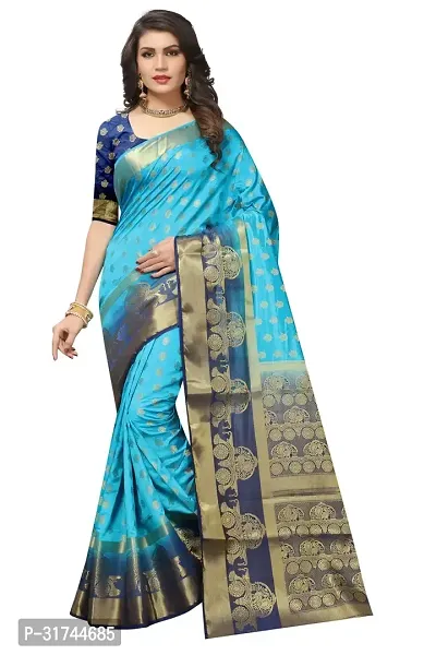 Beautiful Silk Blend Blue Woven Design  Saree with Blouse piece For Women-thumb0