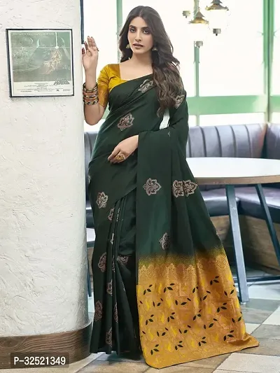 Beautiful Silk Blend Green Woven Design  Saree with Blouse piece For Women