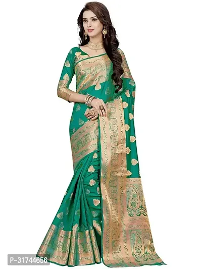 Beautiful Silk Blend Green Woven Design  Saree with Blouse piece For Women