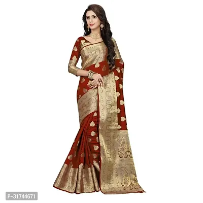 Beautiful Silk Blend Maroon Woven Design  Saree with Blouse piece For Women-thumb0